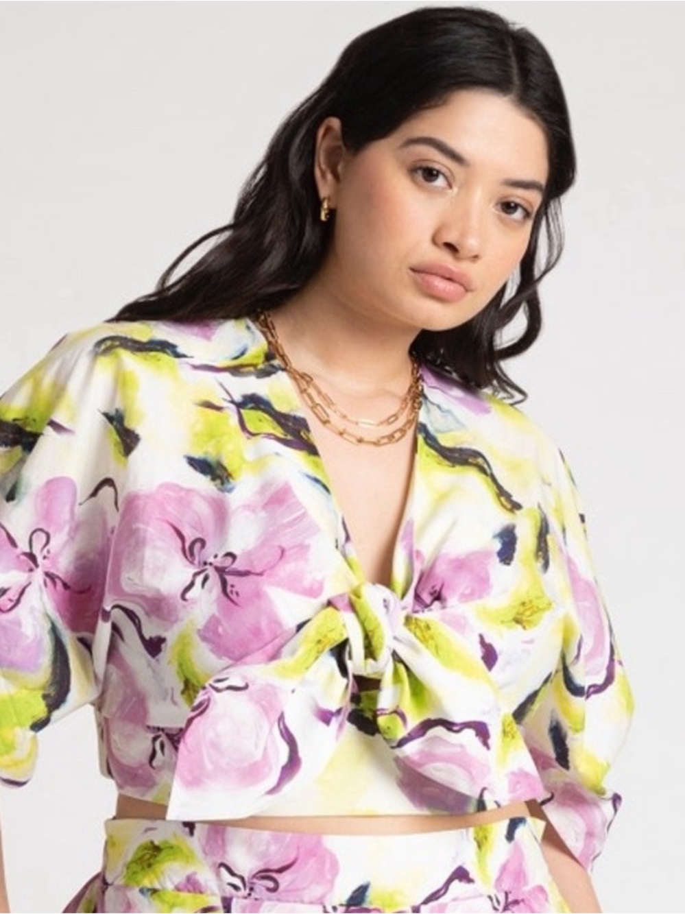 Eloquii Pink & Lime Floral Tie-Front Crop Top